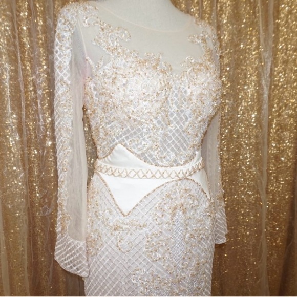 Blush Pink Lace Evening Gown | Long Sleeve Formal Wedding / Prom Dress | Size 8 - Picture 2 of 8